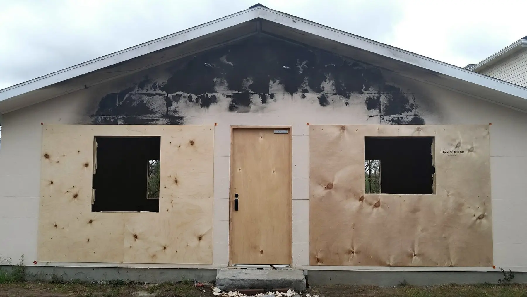 Plywood sheeting secured over broken windows on a fire-damaged house