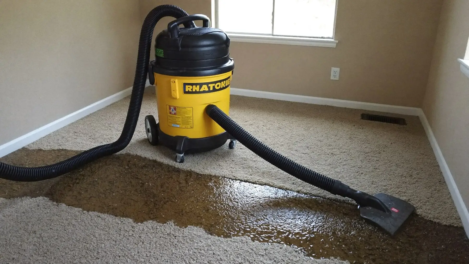A portable extraction unit pulling standing water out of soaked carpet